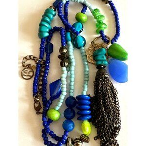 Retro Extra Long Beaded Tassel Pendant Necklace Blue Green Mix Beads
